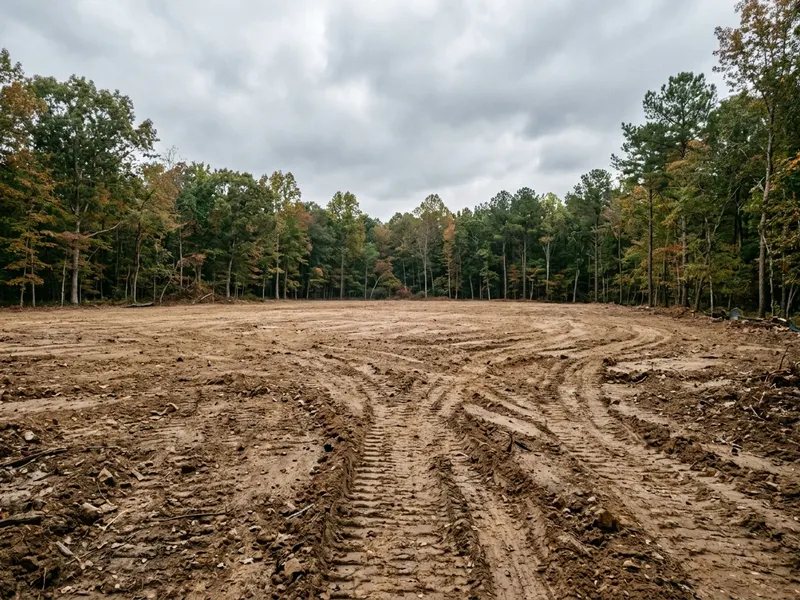 Cleared and graded building lot with trees and stumps removed, ready for construction in Southern Maryland